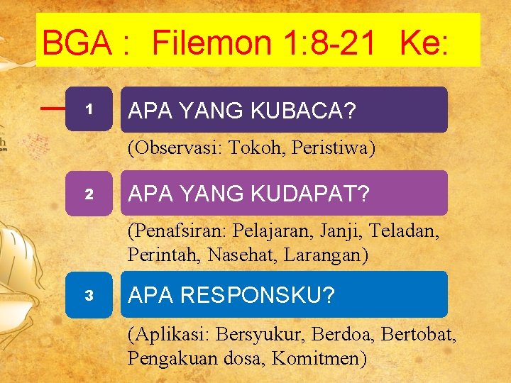 BGA : Filemon 1: 8 -21 Ke: ___1 APA YANG KUBACA? (Observasi: Tokoh, Peristiwa)