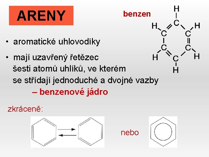 ARENY benzen • aromatické uhlovodíky • mají uzavřený řetězec šesti atomů uhlíků, ve kterém