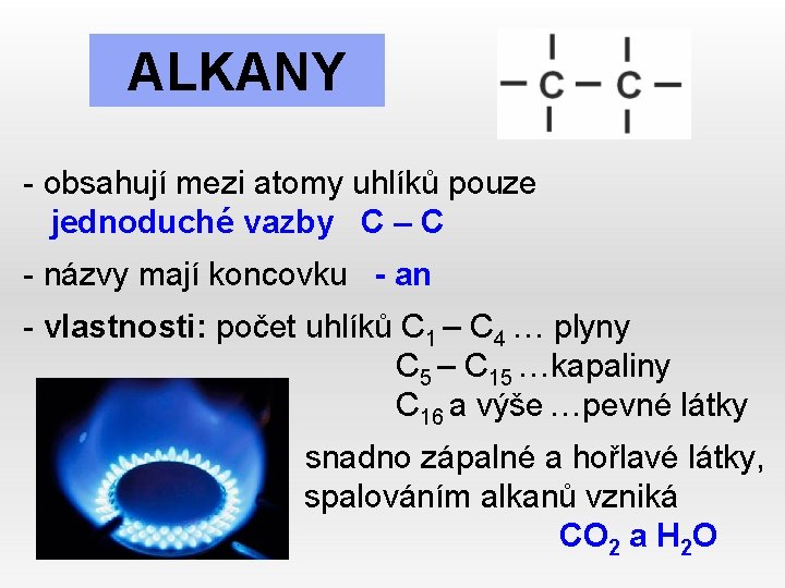 ALKANY - obsahují mezi atomy uhlíků pouze jednoduché vazby C – C - názvy