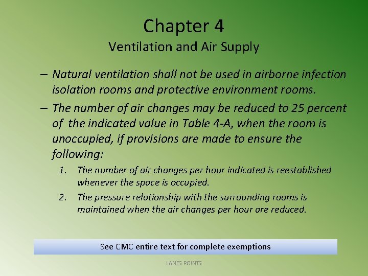 Chapter 4 Ventilation and Air Supply – Natural ventilation shall not be used in
