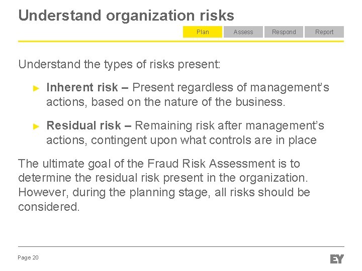 Understand organization risks Plan Assess Respond Report Understand the types of risks present: ► Understand organization risks Plan Assess Respond Report Understand the types of risks present: ►