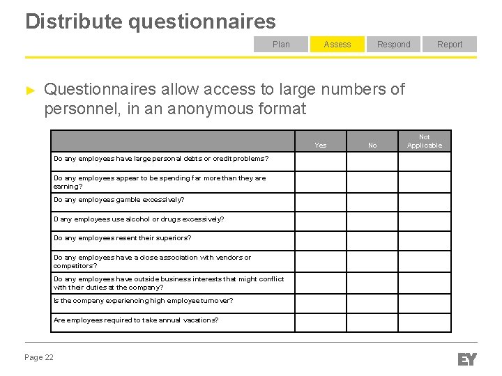 Distribute questionnaires Plan ► Assess Respond Report Questionnaires allow access to large numbers of Distribute questionnaires Plan ► Assess Respond Report Questionnaires allow access to large numbers of