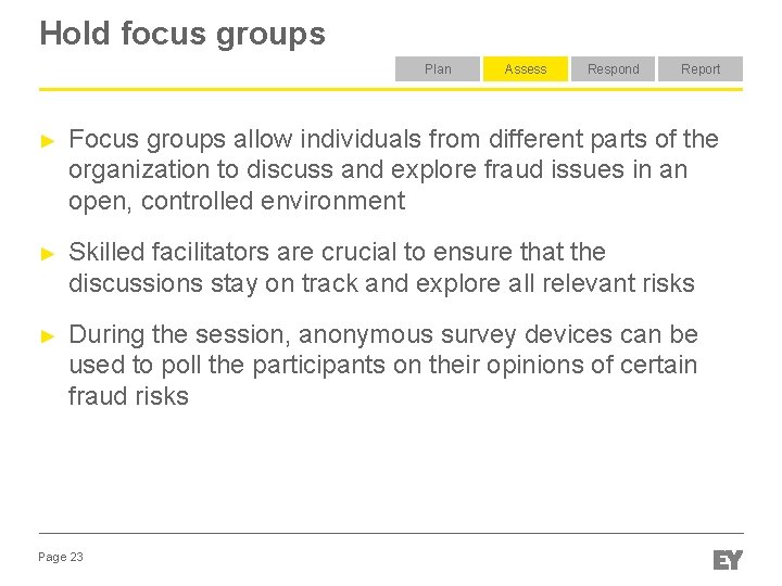 Hold focus groups Plan Assess Respond Report ► Focus groups allow individuals from different Hold focus groups Plan Assess Respond Report ► Focus groups allow individuals from different
