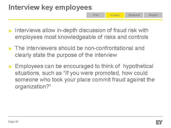 Interview key employees Plan Assess Respond Report ► Interviews allow in-depth discussion of fraud Interview key employees Plan Assess Respond Report ► Interviews allow in-depth discussion of fraud