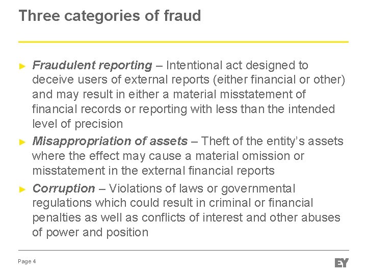 Three categories of fraud ► ► ► Fraudulent reporting – Intentional act designed to Three categories of fraud ► ► ► Fraudulent reporting – Intentional act designed to
