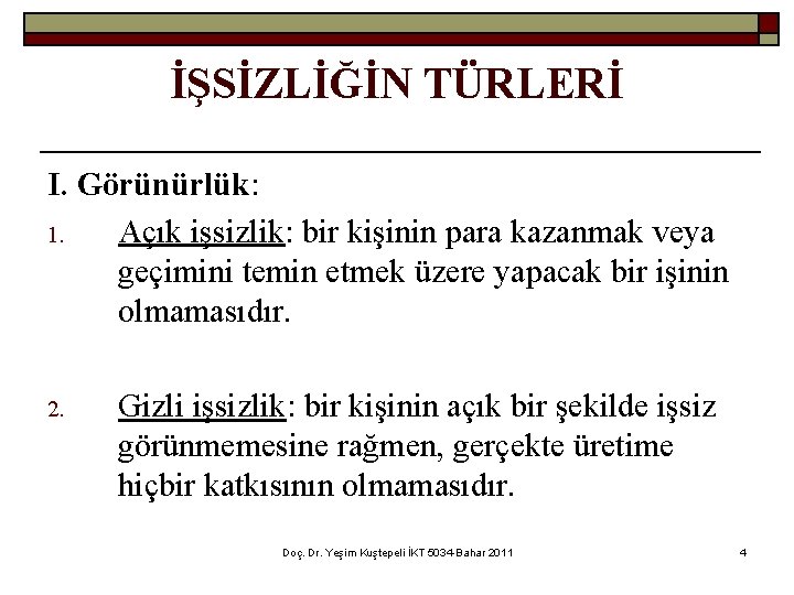 İŞSİZLİĞİN TÜRLERİ I. Görünürlük: 1. Açık işsizlik: bir kişinin para kazanmak veya geçimini temin