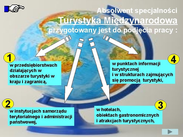 Absolwent specjalności Turystyka Międzynarodowa przygotowany jest do podjęcia pracy : 1 w przedsiębiorstwach działających