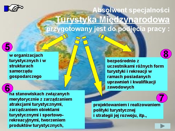 Absolwent specjalności Turystyka Międzynarodowa przygotowany jest do podjęcia pracy : 5 w organizacjach turystycznych