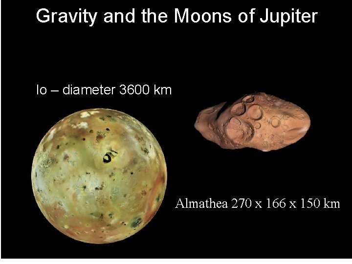Gravity and the Moons of Jupiter Io – diameter 3600 km Almathea 270 x