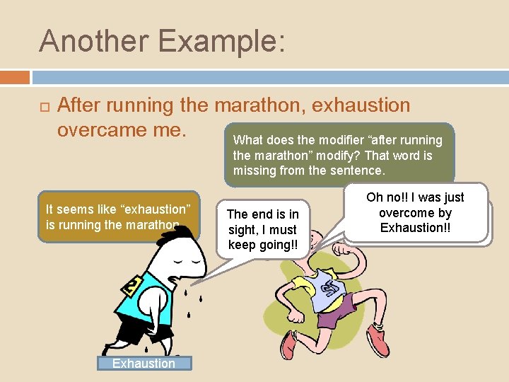 Another Example: After running the marathon, exhaustion overcame me. What does the modifier “after Another Example: After running the marathon, exhaustion overcame me. What does the modifier “after