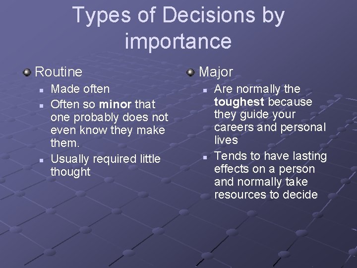 Types of Decisions by importance Routine n n n Made often Often so minor