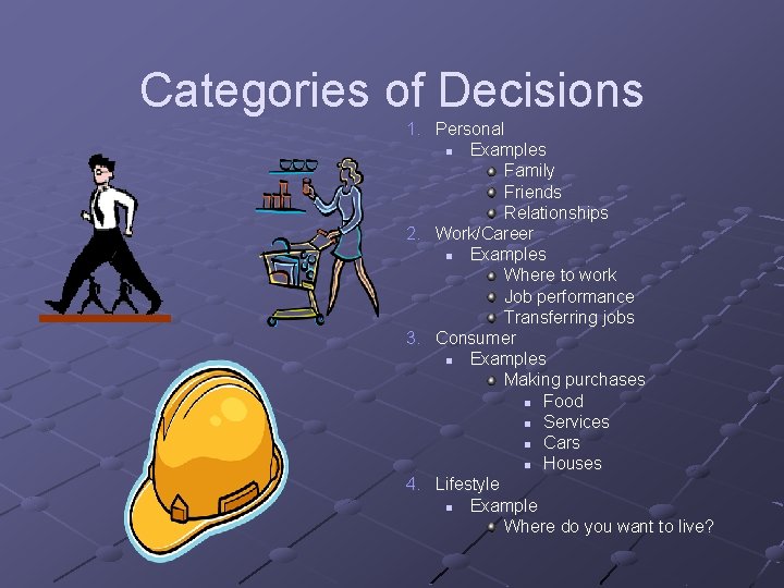 Categories of Decisions 1. Personal n Examples Family Friends Relationships 2. Work/Career n Examples