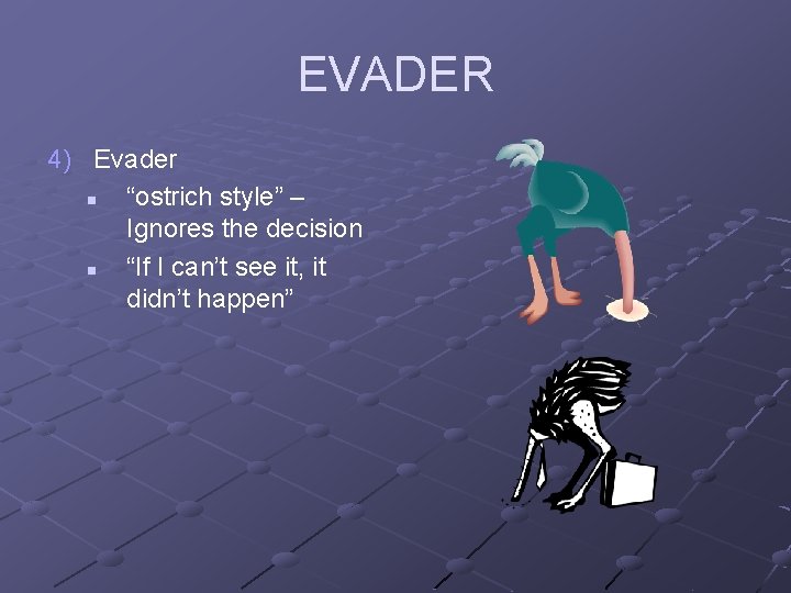 EVADER 4) Evader n “ostrich style” – Ignores the decision n “If I can’t