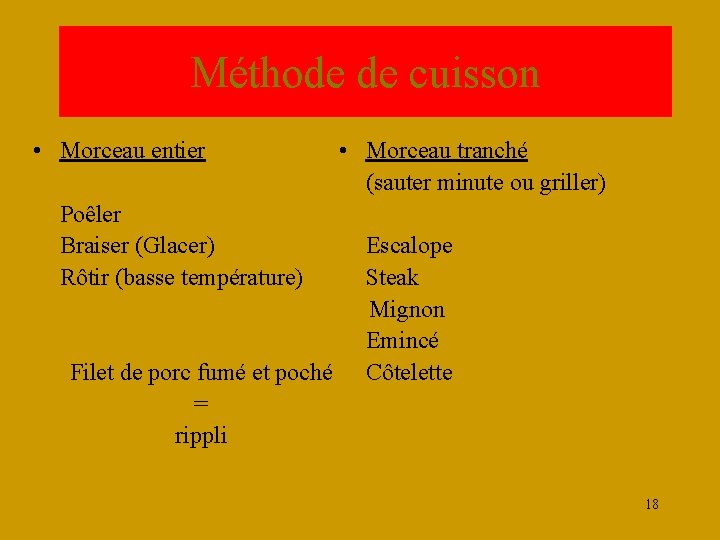 Méthode de cuisson • Morceau entier Poêler Braiser (Glacer) Rôtir (basse température) Filet de