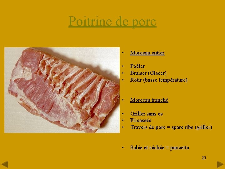 Poitrine de porc • Morceau entier • • • Poêler Braiser (Glacer) Rôtir (basse