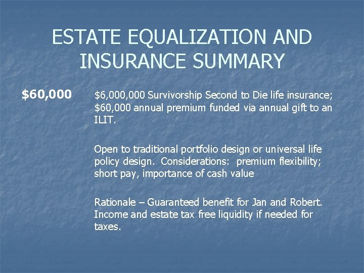 ESTATE EQUALIZATION AND INSURANCE SUMMARY $60, 000 $6, 000 Survivorship Second to Die life