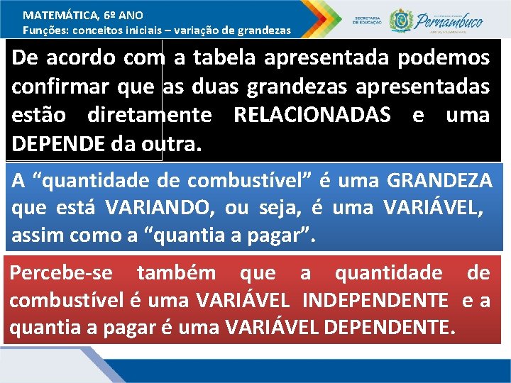 MATEMÁTICA, 6º ANO Funções: conceitos iniciais – variação de grandezas De acordo com a