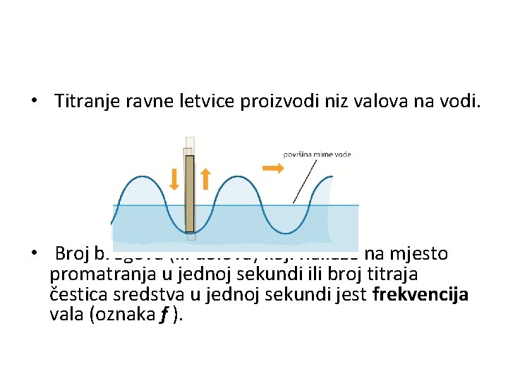  • Titranje ravne letvice proizvodi niz valova na vodi. • Broj bregova (ili