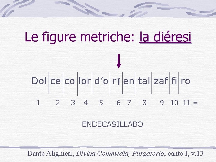 Le figure metriche: la diéresi. . Dol ce co lor d’o r en tal Le figure metriche: la diéresi. . Dol ce co lor d’o r en tal