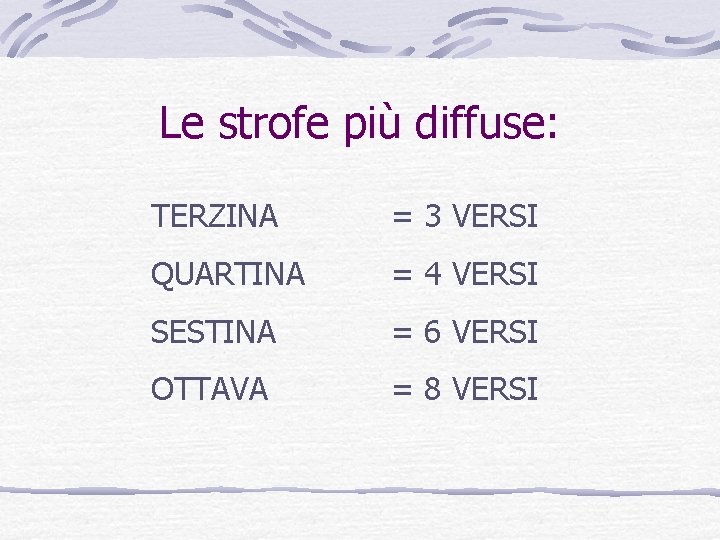Le strofe più diffuse: TERZINA = 3 VERSI QUARTINA = 4 VERSI SESTINA = Le strofe più diffuse: TERZINA = 3 VERSI QUARTINA = 4 VERSI SESTINA =