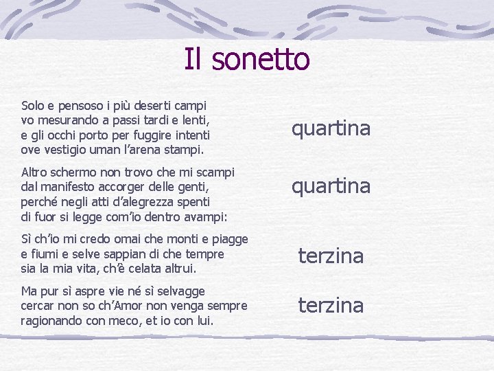 Il sonetto Solo e pensoso i più deserti campi vo mesurando a passi tardi Il sonetto Solo e pensoso i più deserti campi vo mesurando a passi tardi