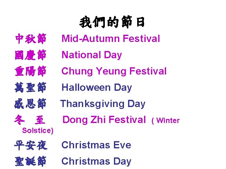 我們的節日 中秋節 國慶節 重陽節 萬聖節 感恩節 冬 至 Mid-Autumn Festival National Day Chung Yeung