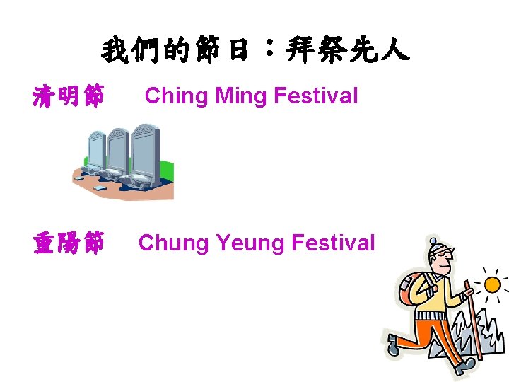 我們的節日：拜祭先人 清明節 Ching Ming Festival 重陽節 Chung Yeung Festival 