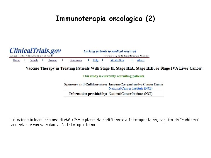 Immunoterapia oncologica (2) Iniezione intramuscolare di GM-CSF e plasmide codificante alfafetoproteina, seguita da "richiamo"