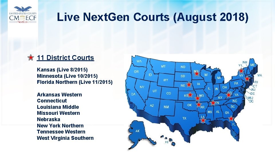 Live Next. Gen Courts (August 2018) 11 District Courts Kansas (Live 8/2015) Minnesota (Live