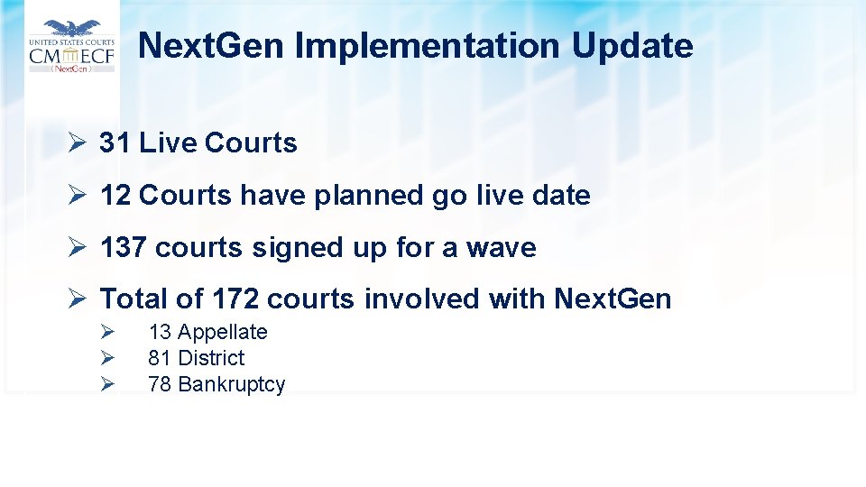 Next. Gen Implementation Update Ø 31 Live Courts Ø 12 Courts have planned go