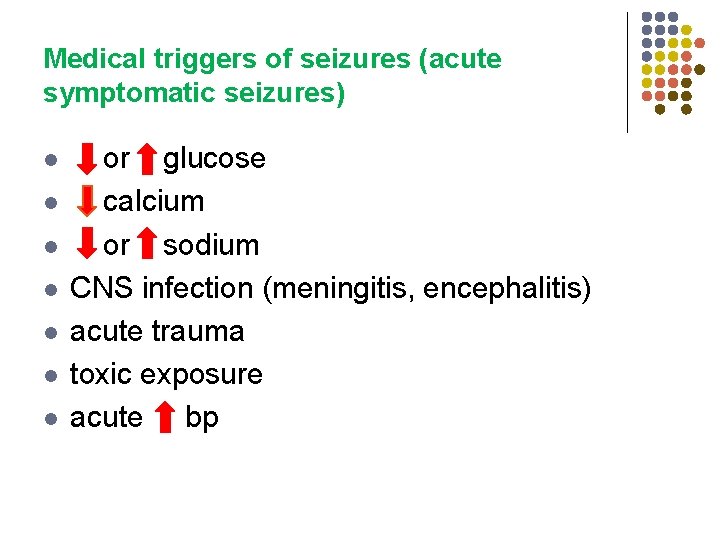 Medical triggers of seizures (acute symptomatic seizures) l l l l or glucose calcium