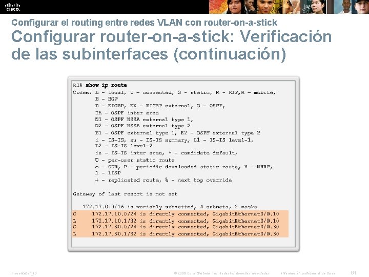 Configurar el routing entre redes VLAN con router-on-a-stick Configurar router-on-a-stick: Verificación de las subinterfaces