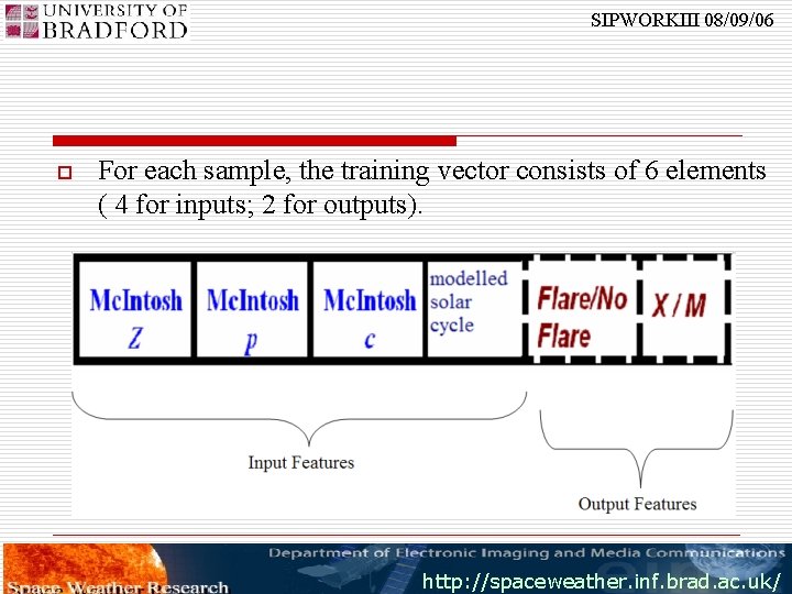 SIPWORKIII 08/09/06 o For each sample, the training vector consists of 6 elements (