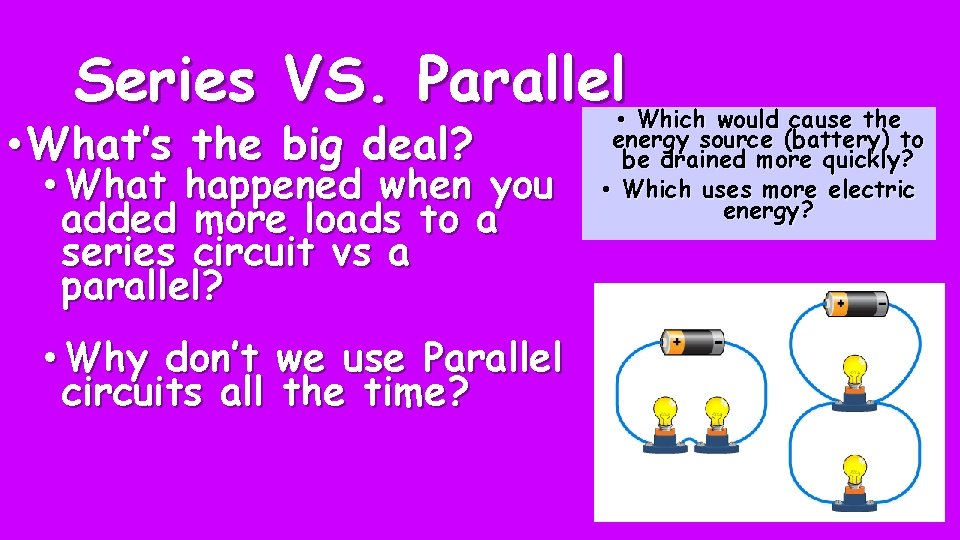 Series VS. Parallel • • What’s the big deal? • What happened when you