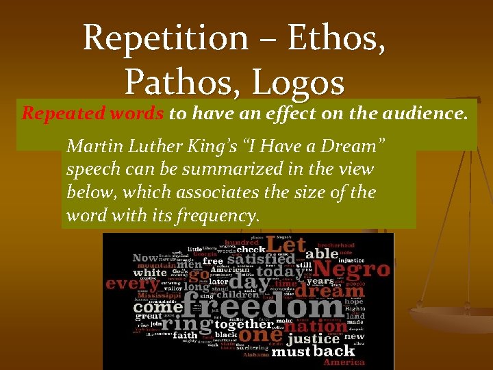 Repetition – Ethos, Pathos, Logos Repeated words to have an effect on the audience.