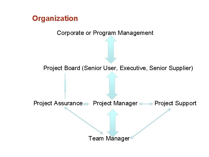 Organization Corporate or Program Management Project Board (Senior User, Executive, Senior Supplier) Project Assurance