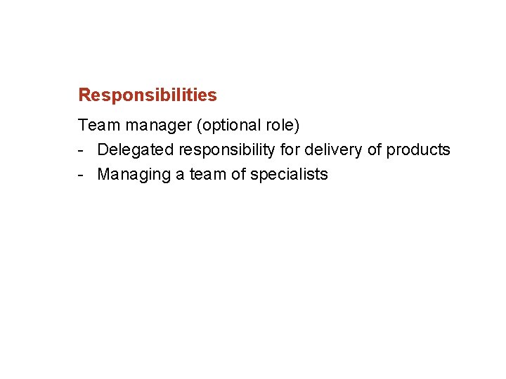 Responsibilities Team manager (optional role) Delegated responsibility for delivery of products Managing a team