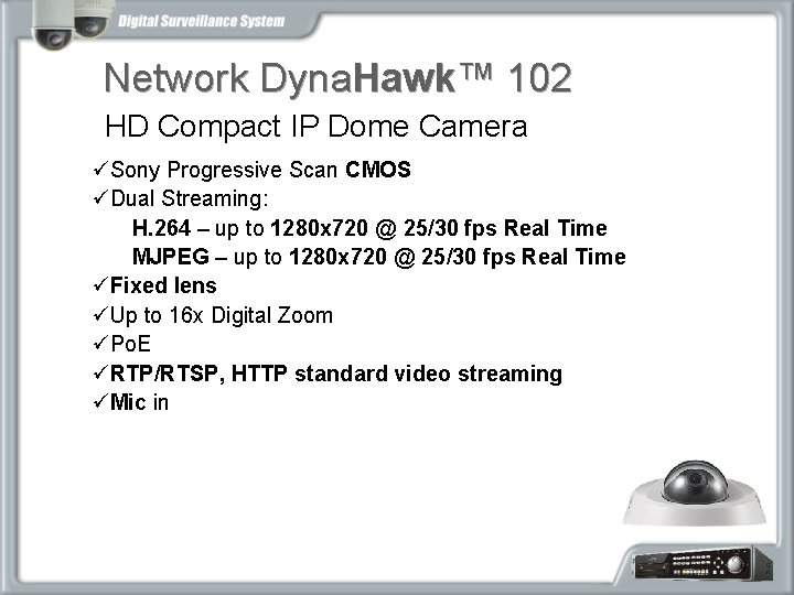 Network Dyna. Hawk™ 102 HD Compact IP Dome Camera üSony Progressive Scan CMOS üDual