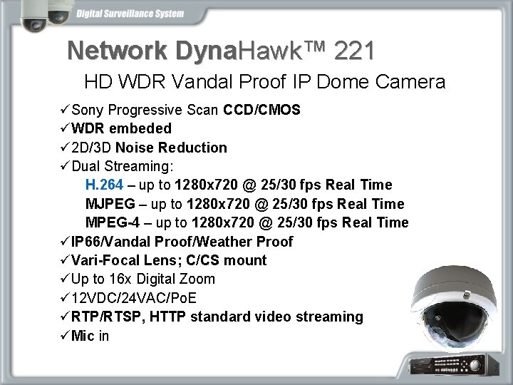 Network Dyna. Hawk™ 221 HD WDR Vandal Proof IP Dome Camera üSony Progressive Scan