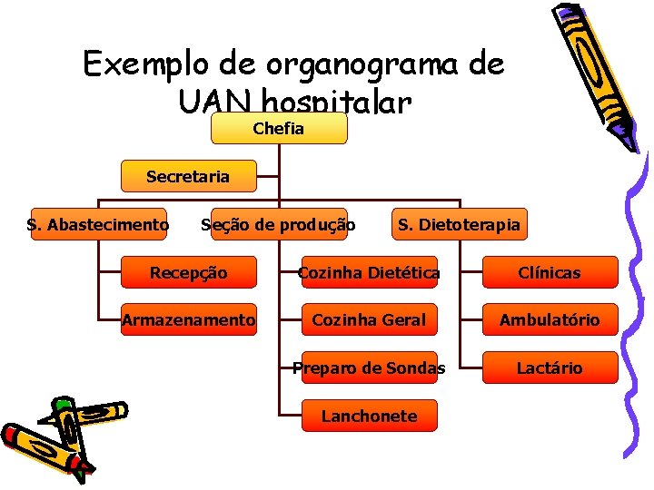 Exemplo de organograma de UAN hospitalar Chefia Secretaria S. Abastecimento Seção de produção S. Exemplo de organograma de UAN hospitalar Chefia Secretaria S. Abastecimento Seção de produção S.