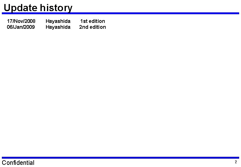 Update history 17/Nov/2008 06/Jan/2009 Confidential Hayashida 1 st edition 2 nd edition 2 Update history 17/Nov/2008 06/Jan/2009 Confidential Hayashida 1 st edition 2 nd edition 2