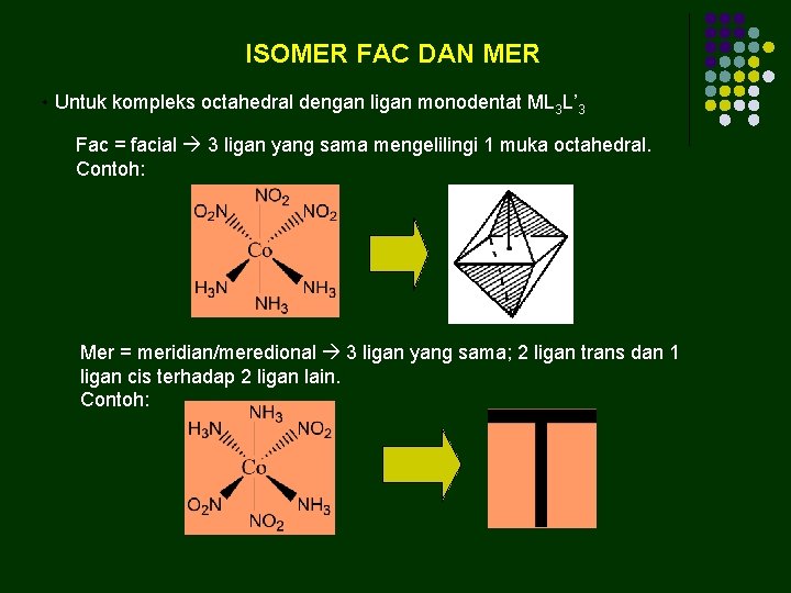 ISOMER FAC DAN MER • Untuk kompleks octahedral dengan ligan monodentat ML 3 L’
