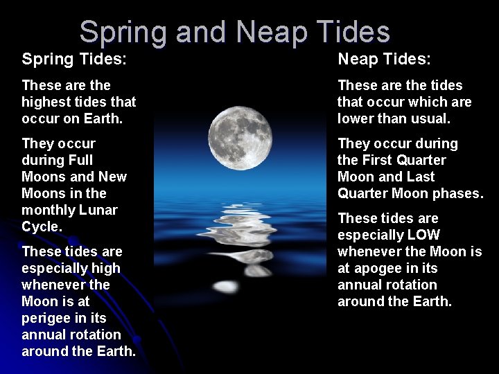 Spring and Neap Tides Spring Tides: Neap Tides: These are the highest tides that