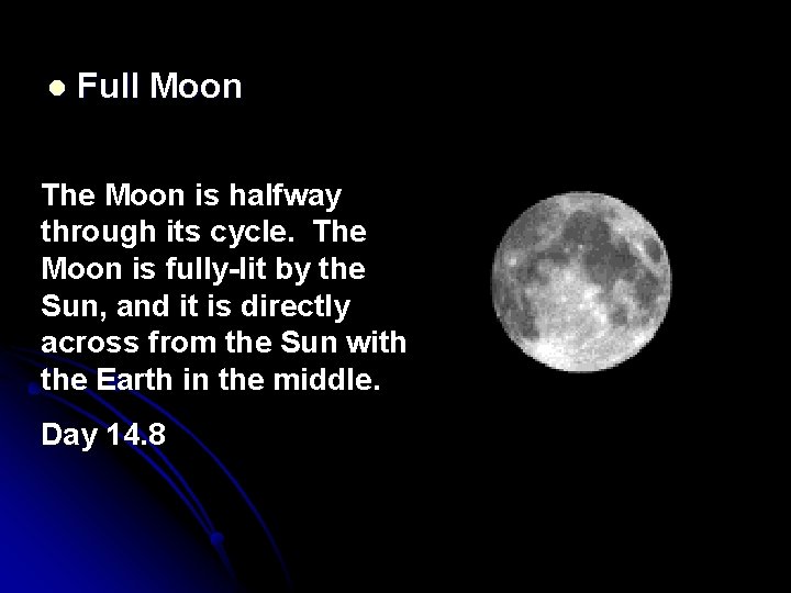 l Full Moon The Moon is halfway through its cycle. The Moon is fully-lit