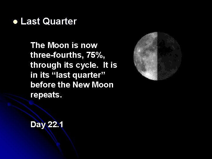 l Last Quarter The Moon is now three-fourths, 75%, through its cycle. It is