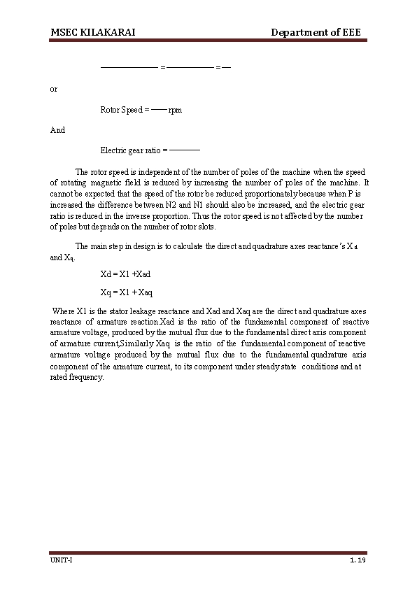 MSEC KILAKARAI Department of EEE = = or Rotor Speed = rpm And Electric