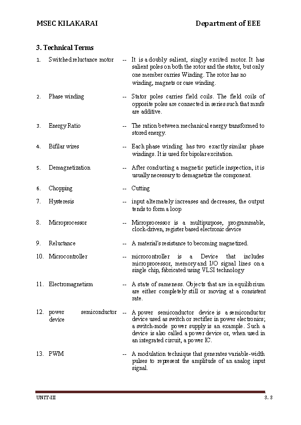 MSEC KILAKARAI Department of EEE 3. Technical Terms 1. Switched reluctance motor -- It