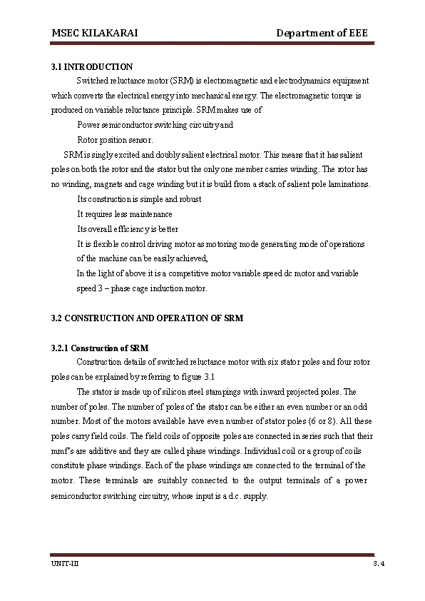 MSEC KILAKARAI Department of EEE 3. 1 INTRODUCTION Switched reluctance motor (SRM) is electromagnetic