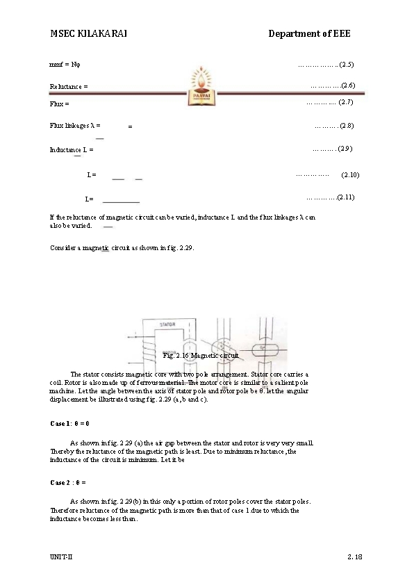 MSEC KILAKARAI Department of EEE mmf = Nφ ……………. . (2. 5) …………. (2.