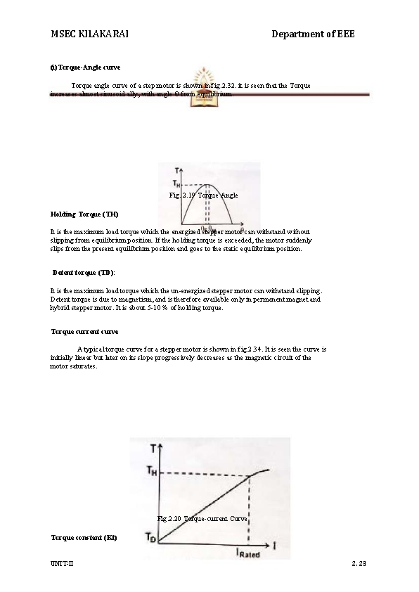 MSEC KILAKARAI Department of EEE (i)Torque-Angle curve Torque angle curve of a step motor